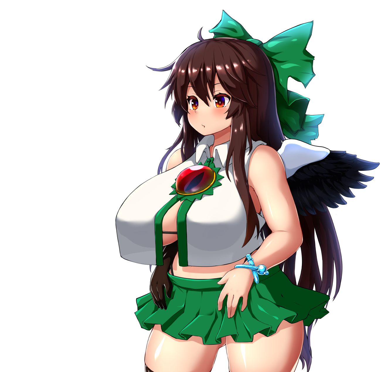 peso (cheese company), reiuji utsuho, touhou, commentary request, highres, large variant set, variant set, 1girl, bird wings, black gloves, black wings, blush, bow, bracelet, breasts, brown eyes, brown hair, cape, crop top, crop top overhang, gloves, green bow, green skirt, hair bow, jewelry, large breasts, long hair, miniskirt, open clothes, open shirt, plump, shirt, single glove, skirt, sleeveless, sleeveless shirt, solo, stomach, third eye, white cape, white shirt, wings