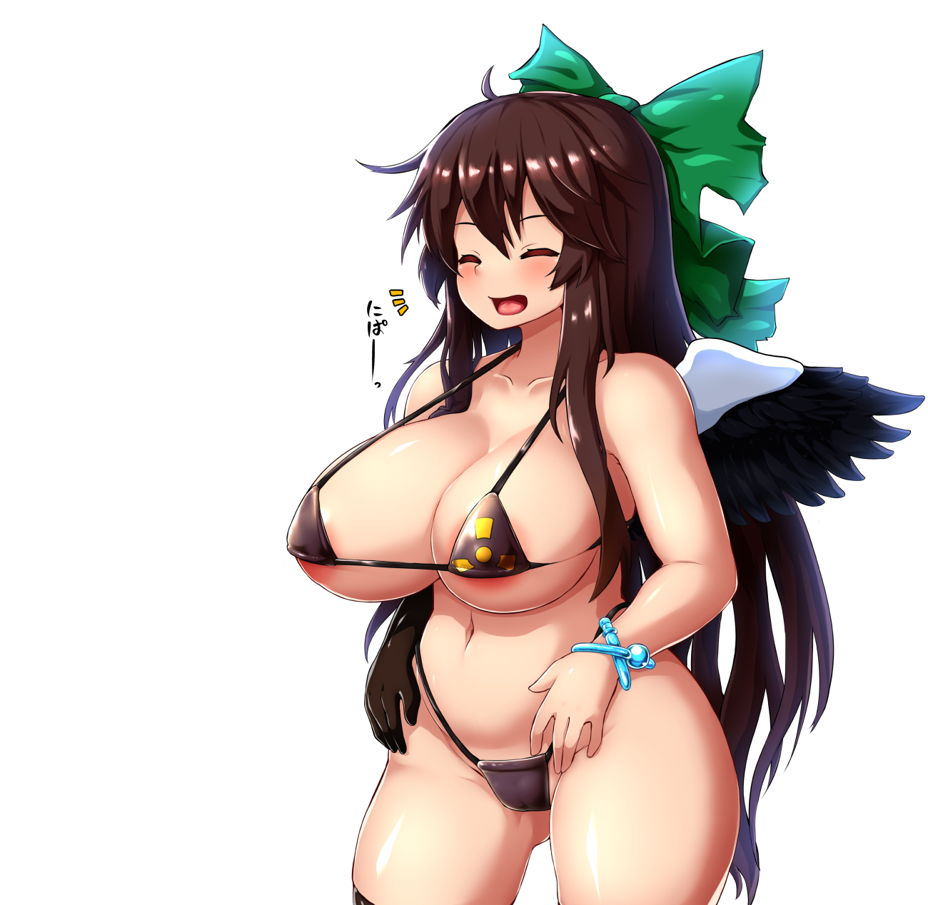 peso (cheese company), reiuji utsuho, touhou, commentary request, highres, 1girl, areola slip, belly, bikini, bird wings, black bikini, black gloves, black wings, blush, bow, bracelet, breasts, brown eyes, brown hair, cape, gloves, green bow, hair bow, happy, highleg, highleg bikini, jewelry, large breasts, long hair, navel, plump, radiation symbol, shirt, simple background, single glove, solo, stomach, swimsuit, third eye, white background, white cape, white shirt, wings
