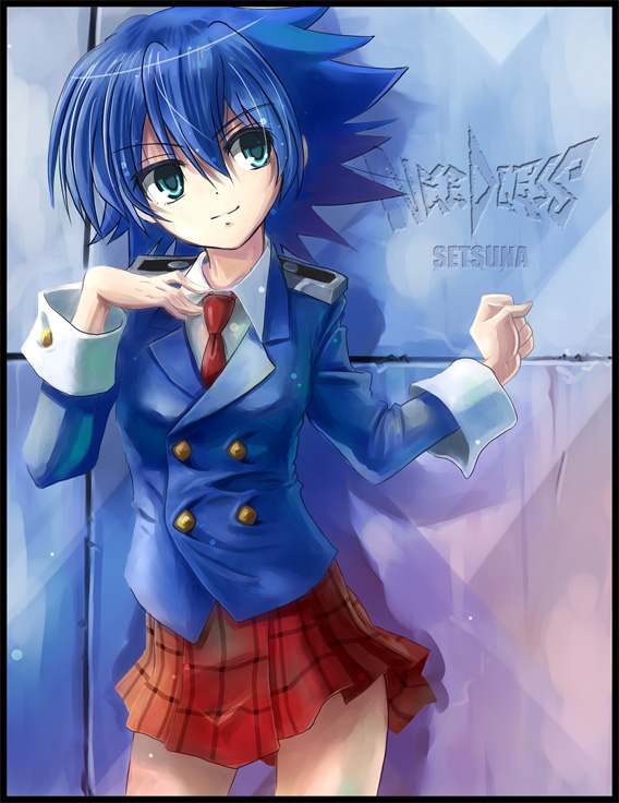 yone, setsuna (needless), needless, bad id, bad pixiv id, 1girl, blue eyes, blue hair, character name, copyright name, female focus, hair between eyes, matching hair/eyes, necktie, plaid clothes, plaid skirt, pleated skirt, school uniform, short hair, skirt, solo