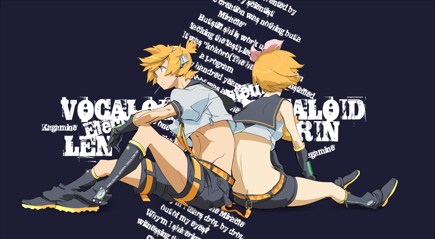nansui kinoko, kagamine len, kagamine rin, vocaloid, 1boy, 1girl, back, back-to-back, blonde hair, brother and sister, short hair, shorts, siblings, sitting, twins