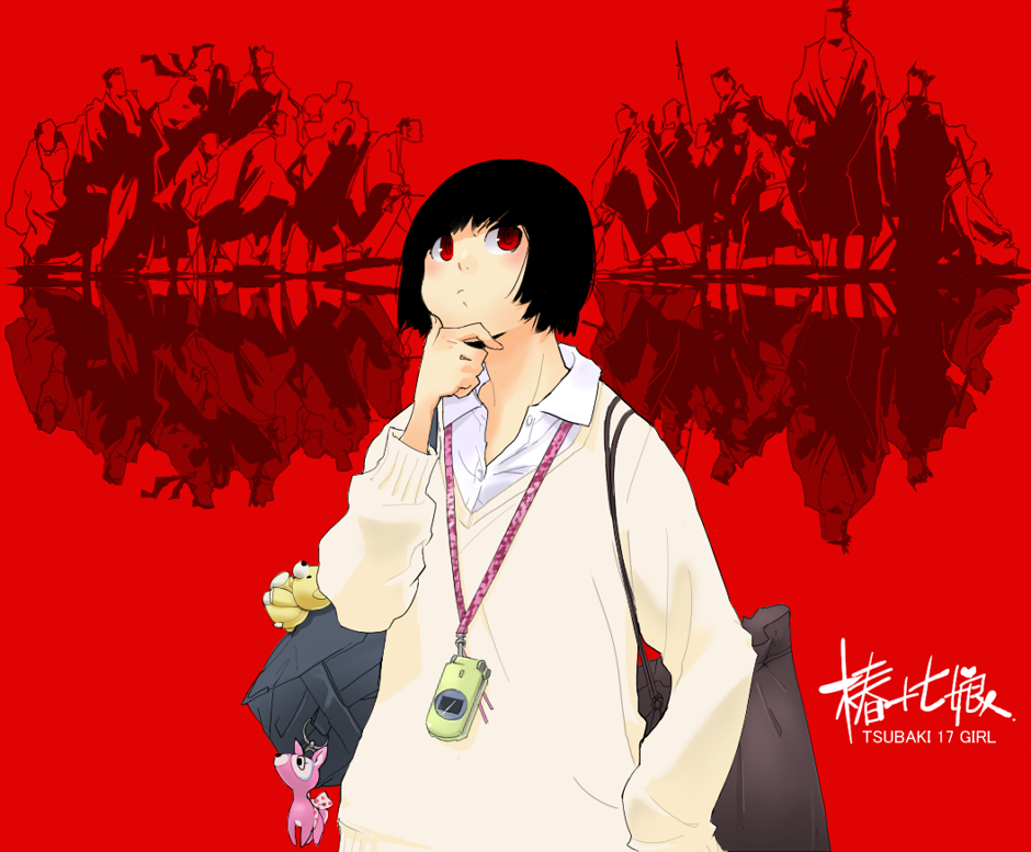 nansui kinoko, 1girl, 6+boys, bag, black hair, blush, cellphone, multiple boys, phone, red eyes, solo focus, sweater, thinking