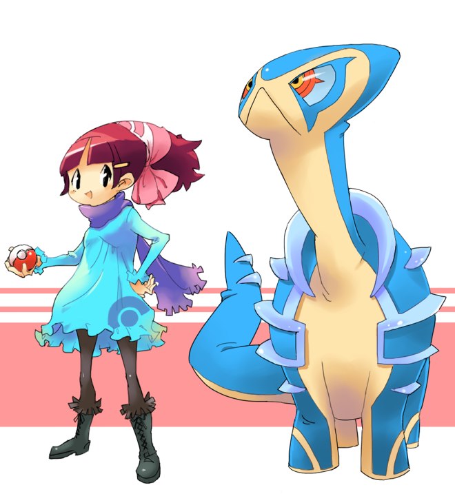 nansui kinoko, nintendo, original, pokemon, 1girl, :<, boots, fakemon, holding, holding poke ball, pantyhose, poke ball, poke ball (basic), pokemon (creature), red hair, scarf