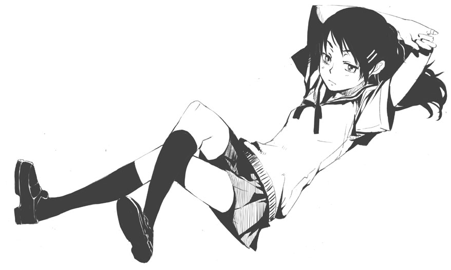 mura (kanojo no oukoku), 1girl, arms behind head, bored, crossed legs, female focus, frown, greyscale, hair ornament, hairclip, kneehighs, legs, long hair, lying, monochrome, school uniform, sitting, skirt, socks, solo