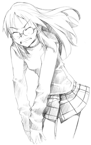 mura (kanojo no oukoku), ninamori eri, flcl, 00s, 1girl, angry, closed eyes, female focus, flat chest, glasses, greyscale, long hair, monochrome, skirt, solo, sweater