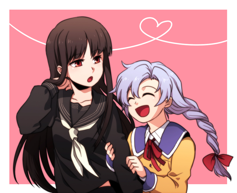 re ghotion, hirasaka hatsune, miyama kanako, atlach-nacha, arm grab, bad id, bad pixiv id, 2girls, ^ ^, black hair, braid, closed eyes, happy, heart, heart of string, long hair, multiple girls, ponytail, red eyes, school uniform, smile