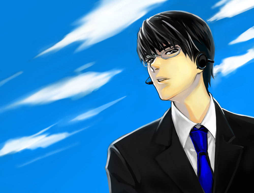 bokuto, hiyama kiyoteru, vocaloid, bad id, bad pixiv id, 1boy, black eyes, black hair, cloud, day, formal clothes, glasses, male focus, necktie, outdoors, sky, solo, suit