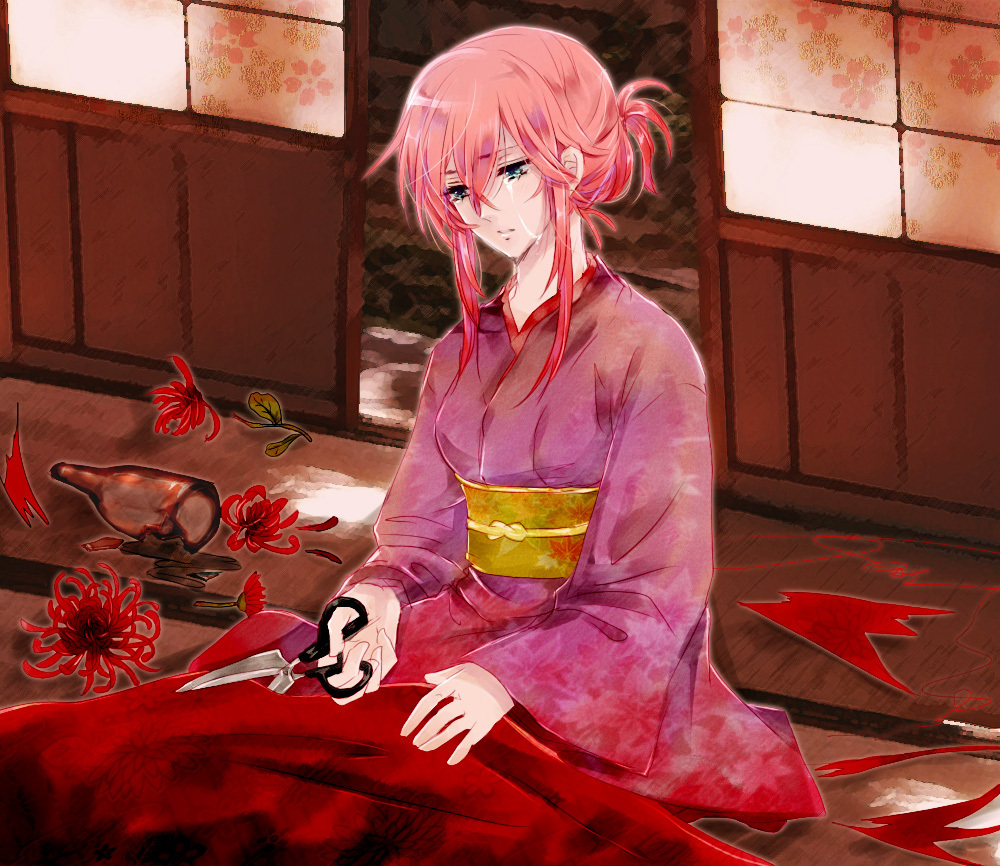 outlaw, unabara misumi, megurine luka, sudou kayo, enbisaka no shitateya (vocaloid), enbizaka no shitateya (vocaloid), evillious nendaiki, vocaloid, 1girl, alternate hairstyle, bottle, female focus, flower, hair bun, japanese clothes, kimono, pink hair, scissors, single hair bun, sitting, solo, tears, torn clothes