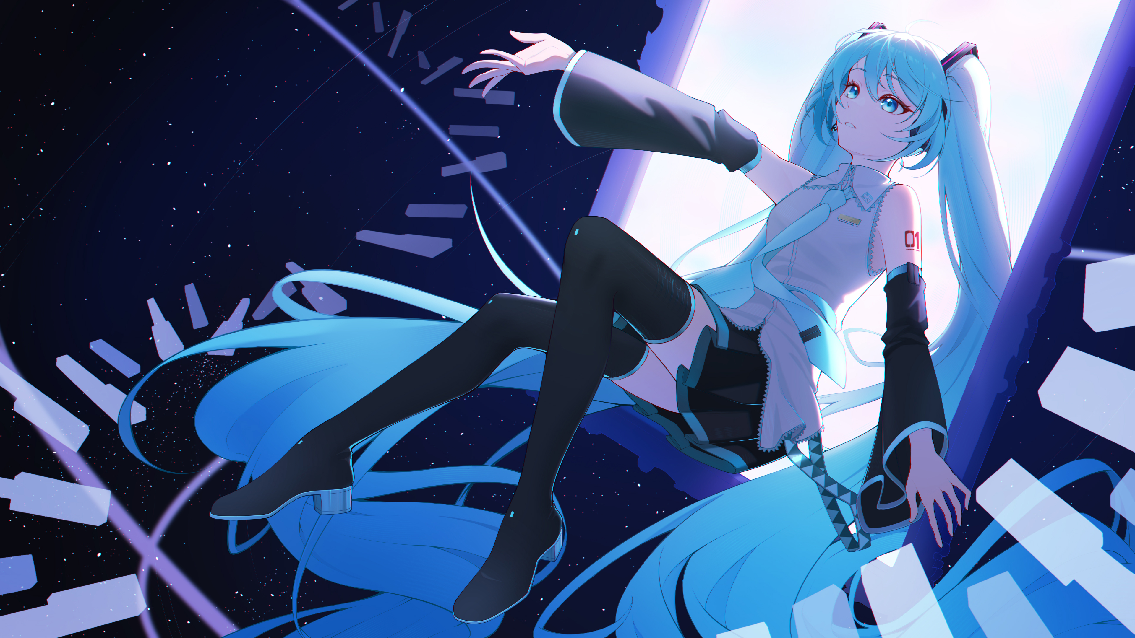 hatsune miku, vocaloid, absurdres, commentary request, highres, 1girl, aqua eyes, aqua hair, aqua necktie, aqua trim, arm tattoo, black skirt, black sleeves, breasts, collarbone, detached sleeves, full body, grey shirt, hair between eyes, hair ornament, headset, long hair, long sleeves, miniskirt, necktie, number tattoo, piexarasi, pleated skirt, shirt, skirt, sleeveless, sleeveless shirt, small breasts, solo, tattoo, tie clip, twintails, very long hair, wide sleeves