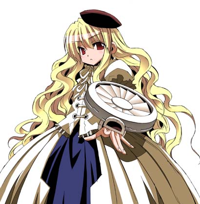 kuchinashi (needless), needless, lowres, 1girl, blonde hair, brown eyes, female focus, hat, long hair, solo