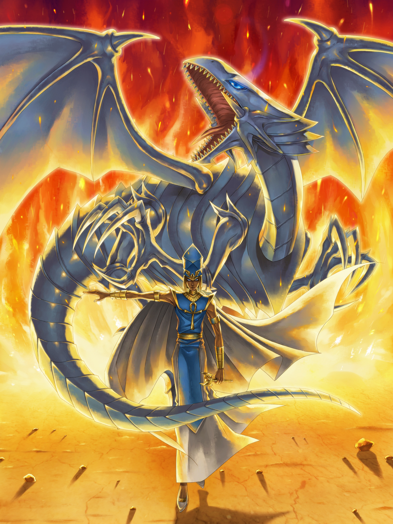asai yuichi, blue-eyes white dragon, blue eyes white dragon, kaiba seto, priest seto, yu-gi-oh!, yu-gi-oh! duel monsters, yuu-gi-ou, highres, 1boy, dragon, duel monster, epic, fire, male focus