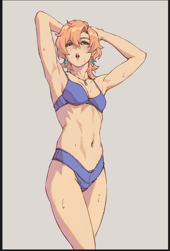 phrecklesart, tagme, 1girl, bra, earrings, jewelry, navel, necklace, sweat, sweatdrop, toned, underwear