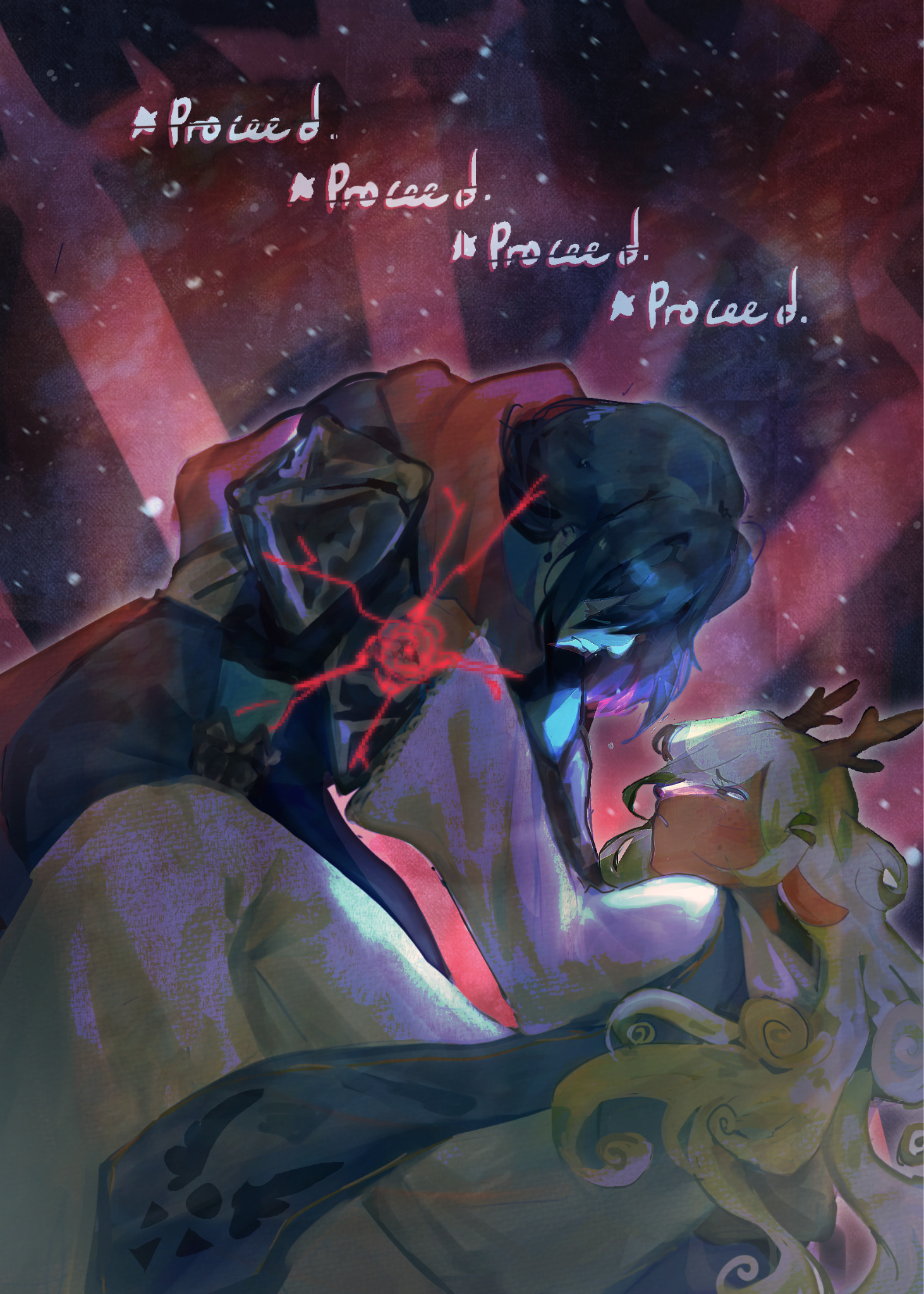 kris (dark world) (deltarune), kris (deltarune), noelle holiday, noelle holiday (dark world), deltarune, utdr (toby fox), highres, 1girl, 1other, antlers, blonde hair, blue hair, blue skin, cape, colored skin, dress, english text, horns, red cape, reindeer antlers, silliest heartaches, weird route (deltarune), white dress