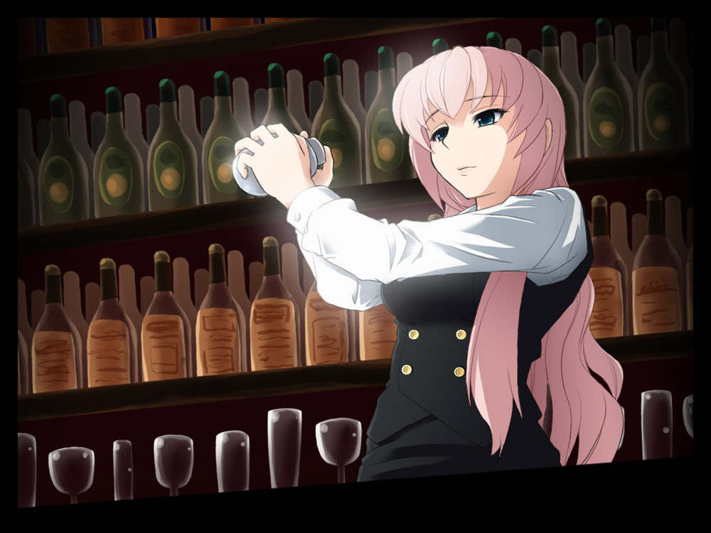 mameshiba (pixiv 59310), megurine luka, bartender (series), vocaloid, 00s, 1girl, aqua eyes, bartender, bottle, female focus, formal clothes, glass, long hair, pant suit, pants, pink hair, solo, suit