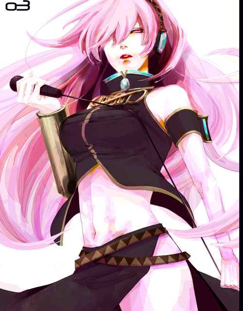aojima, aoshima, megurine luka, vocaloid, bad id, bad piapro id, bad pixiv id, 1girl, breasts, female focus, headphones, lipstick, long hair, makeup, microphone, midriff, navel, pink hair, red eyes, skirt, solo, white background