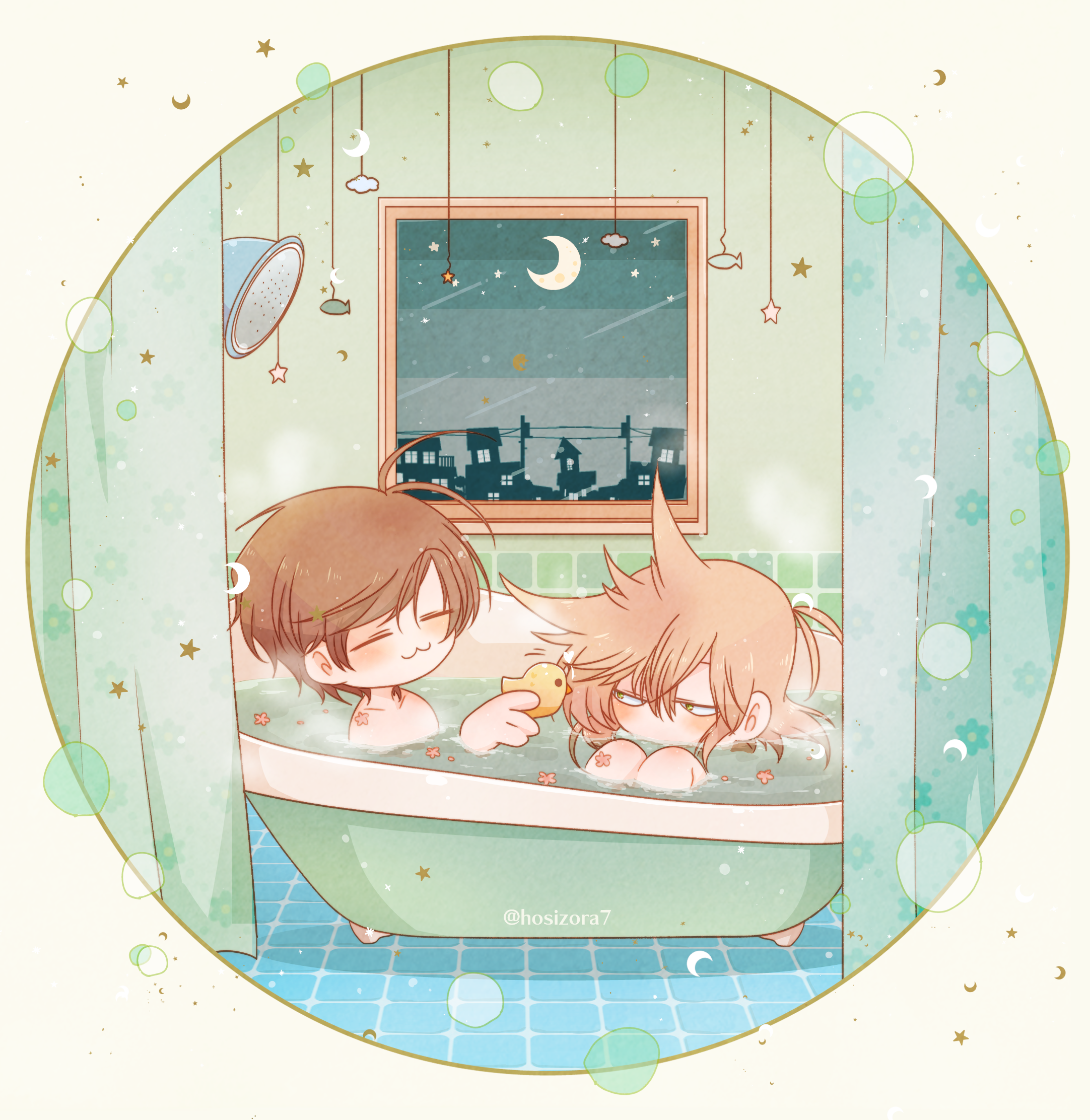 reon (02779), edd (eddsworld), eddsworld, commentary request, highres, partial commentary, 2boys, :3, = =, animification, antenna hair, artist name, bathtub, blush, border, brown hair, chibi, chibi only, crescent moon, flipped hair, grey eyes, hair ears, holding, jitome, male focus, moon, multiple boys, nude, round image, rubber duck, same-sex bathing, shared bathing, short hair, sitting, smile, star (symbol), swept bangs, tord (eddsworld), white border, window