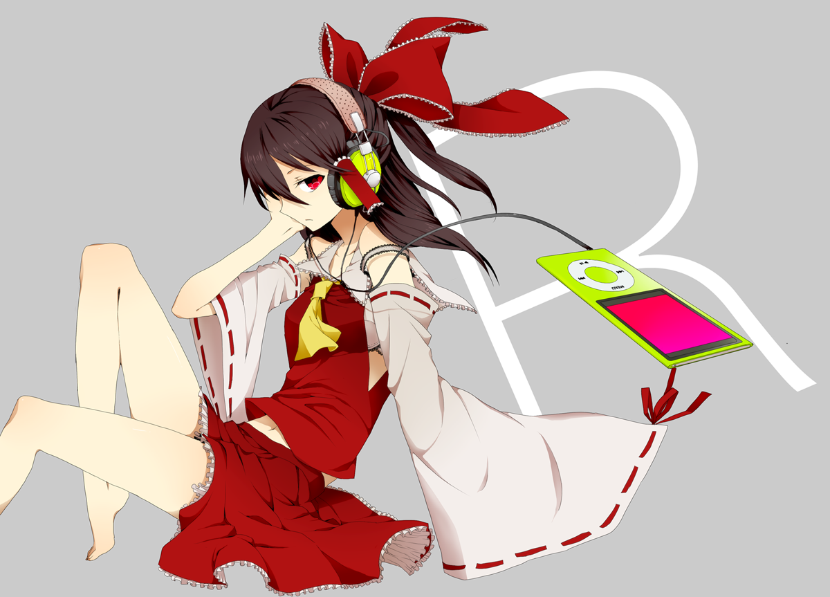 abaraya, hakurei reimu, touhou, bad id, bad pixiv id, 1girl, barefoot, bow, brown hair, detached sleeves, feet, female focus, hair bow, half updo, headphones, ipod, ipod nano, ipod nano 4g, japanese clothes, miko, mp3 player, red eyes, short hair, solo