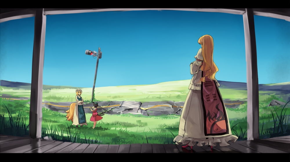 garnet, chen, yakumo ran, yakumo yukari, touhou, 3girls, animal ears, blonde hair, brown hair, cat ears, cat girl, cat tail, dress, female focus, fisheye, fox ears, fox tail, hat, hill, landscape, long hair, multiple girls, multiple tails, nature, outdoors, plant, scenery, short hair, sky, tabard, tail