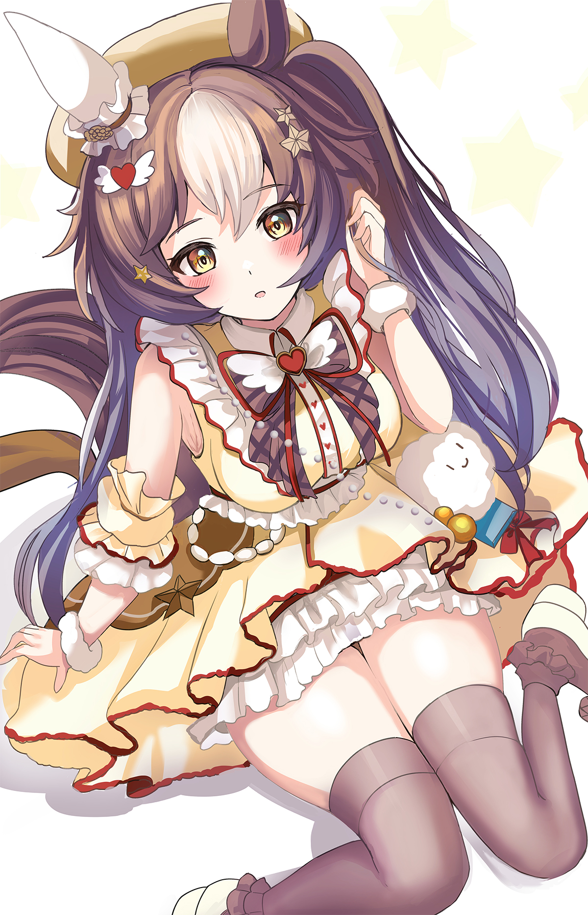 hanamura pink, yamanin zephyr (sugary wind) (umamusume), yamanin zephyr (umamusume), umamusume, highres, 1girl, animal ears, black thighhighs, blush, bow, breasts, brown eyes, brown hair, dress, ear covers, hair ornament, hat, heart, heart hair ornament, heart ornament, horse ears, horse girl, horse tail, large breasts, long hair, looking at viewer, official alternate costume, official alternate hairstyle, parted lips, shoes, single ear cover, sleeveless, sleeveless dress, solo, star (symbol), star hair ornament, tail, thighhighs, yellow dress