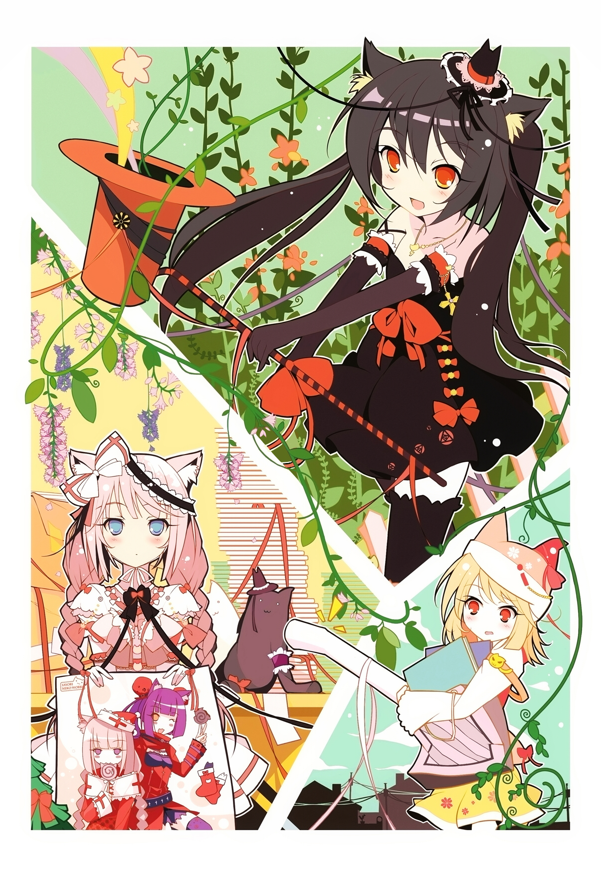 ideolo, caramell (sayori), chocola (nekopara), vanilla (nekopara), nekopara, original, highres, md5 mismatch, 10s, 3girls, animal ear fluff, animal ears, black hair, blue eyes, cat ears, cat girl, multiple girls, siblings, sisters, twins, twintails