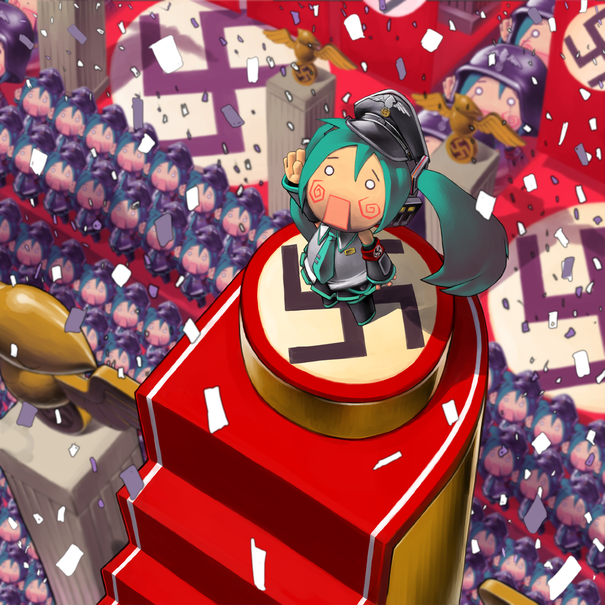 honzawa yuuichirou, hachune miku, hatsune miku, vocaloid, highres, 6+girls, armband, army, chibi, clone, combat helmet, confetti, hail, hat, helmet, multiple girls, multiple persona, nazi, necktie, peaked cap, reichsadler, salute, soldier, stahlhelm, straight-arm salute, swastika, twintails, wings