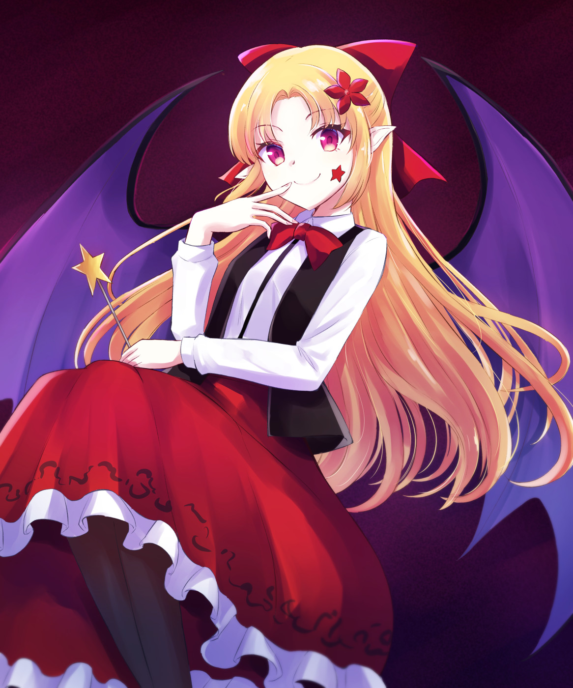 kachuten, elis (touhou), touhou, touhou (pc-98), commentary request, highres, 1girl, black pantyhose, black vest, blonde hair, bow, closed mouth, collared shirt, demon wings, facial mark, frilled skirt, frills, hair bow, holding, holding wand, long hair, long sleeves, mark under eye, pantyhose, pointy ears, purple wings, red bow, red eyes, red skirt, shirt, skirt, smile, solo, star (symbol), star facial mark, very long hair, vest, wand, white shirt, wings