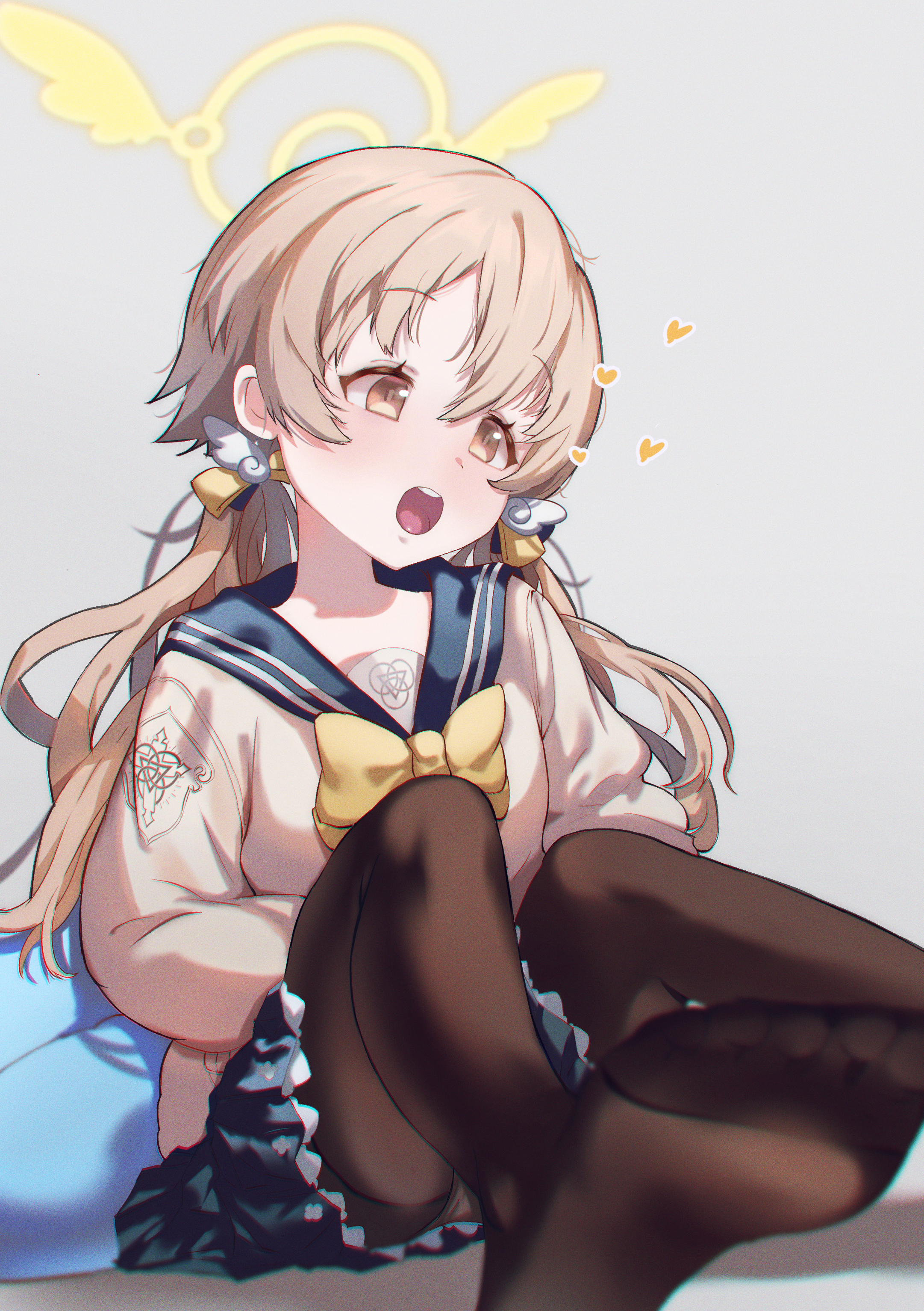 shuru y, hifumi (blue archive), blue archive, absurdres, commentary, highres, 1girl, black pantyhose, blonde hair, blue skirt, halo, long hair, long sleeves, no shoes, pantyhose, school uniform, serafuku, simple background, sitting, skirt, twintails, white background, yellow halo