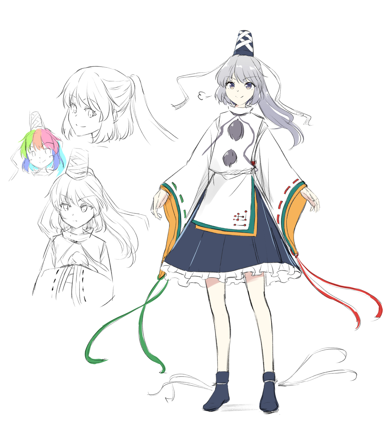 kachuten, mononobe no futo, touhou, commentary request, highres, 1girl, blue skirt, frilled skirt, frills, grey eyes, grey hair, hat, japanese clothes, kariginu, long hair, long sleeves, looking at viewer, multiple views, pom pom (clothes), ponytail, puff of air, ribbon-trimmed sleeves, ribbon trim, sketch, skirt, smile, tate eboshi, wide sleeves