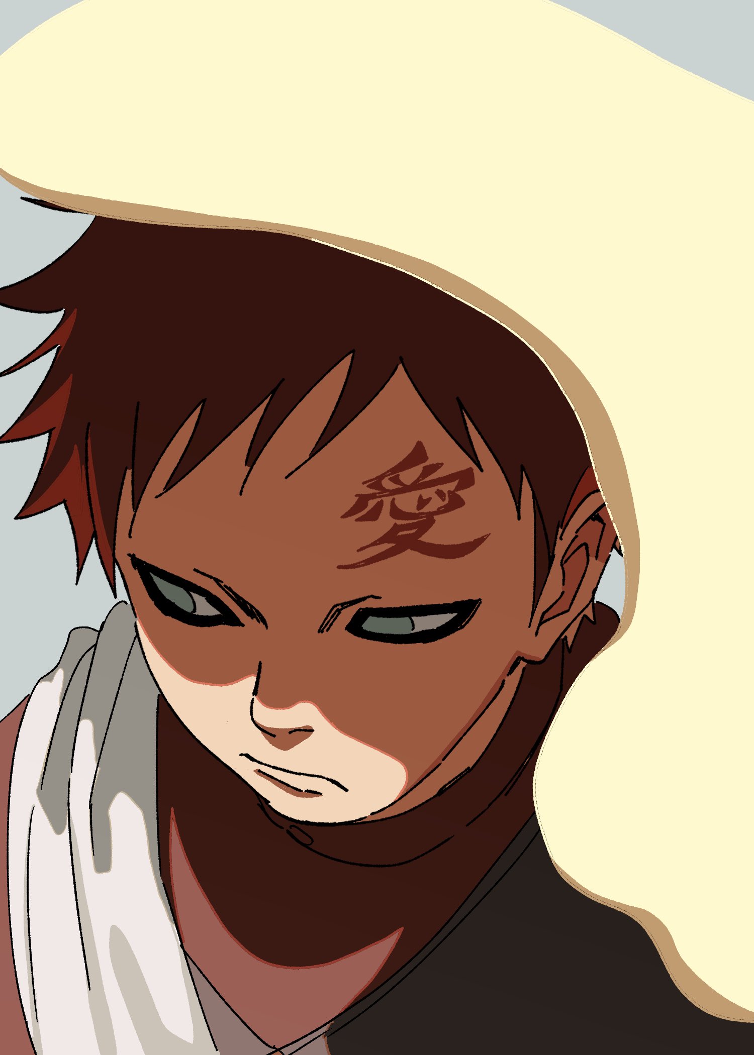 pnpk 1013, gaara (naruto), naruto (series), naruto shippuuden, commentary request, highres, 1boy, closed mouth, facial tattoo, forehead tattoo, frown, grey background, looking to the side, male focus, parted bangs, red hair, short hair, sideways glance, solo, tattoo