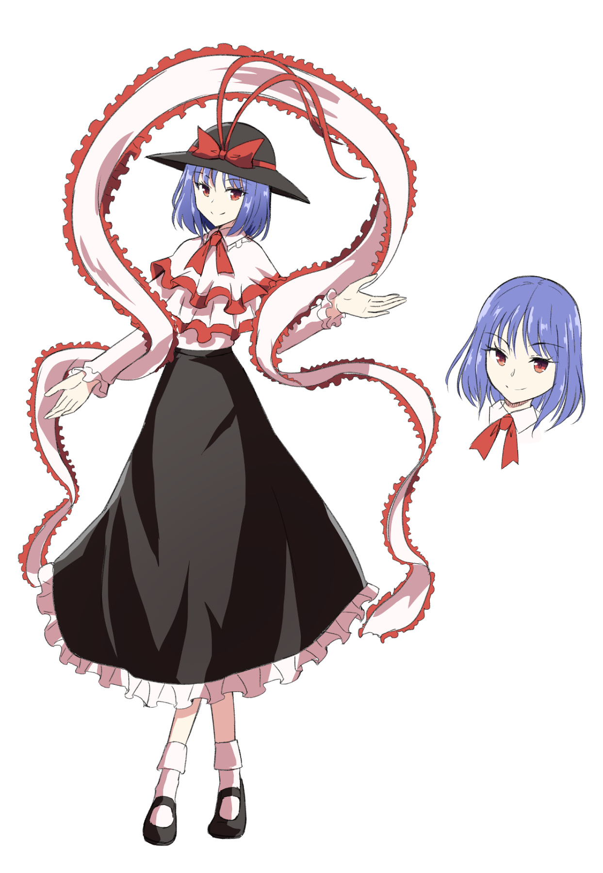 kachuten, nagae iku, touhou, commentary request, highres, 1girl, black shoes, black skirt, bow, capelet, frilled capelet, frilled shawl, frilled skirt, frills, full body, hagoromo, hat, hat bow, long skirt, looking at viewer, mary janes, pink capelet, pink scarf, pink shirt, purple hair, red eyes, scarf, shawl, shirt, shoes, simple background, skirt, smile, socks, white background, white socks