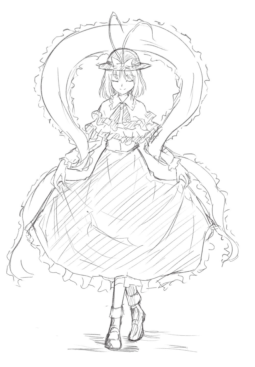 kachuten, nagae iku, touhou, commentary request, highres, 1girl, bow, capelet, closed eyes, closed mouth, collared shirt, curtsey, frilled capelet, frilled shawl, frilled shirt collar, frills, greyscale, hagoromo, hat, hat bow, long skirt, long sleeves, mary janes, monochrome, shawl, shirt, shoes, sketch, skirt, skirt hold, socks, solo