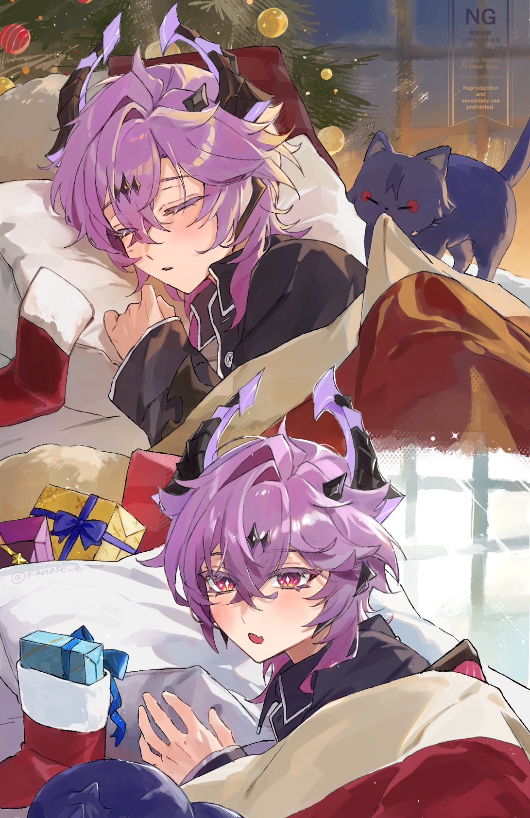 kanase e, durin (genshin impact), scaramouche (cat) (genshin impact), scaramouche (genshin impact), genshin impact, highres, 1boy, black pajamas, christmas stocking, christmas tree, colored eyelashes, covering with blanket, diamond-shaped pupils, diamond (shape), dragon, dragon boy, dragon horns, eyes visible through hair, gift, hair between eyes, horns, pajamas, purple hair, red eyes, sleeping, symbol-shaped pupils