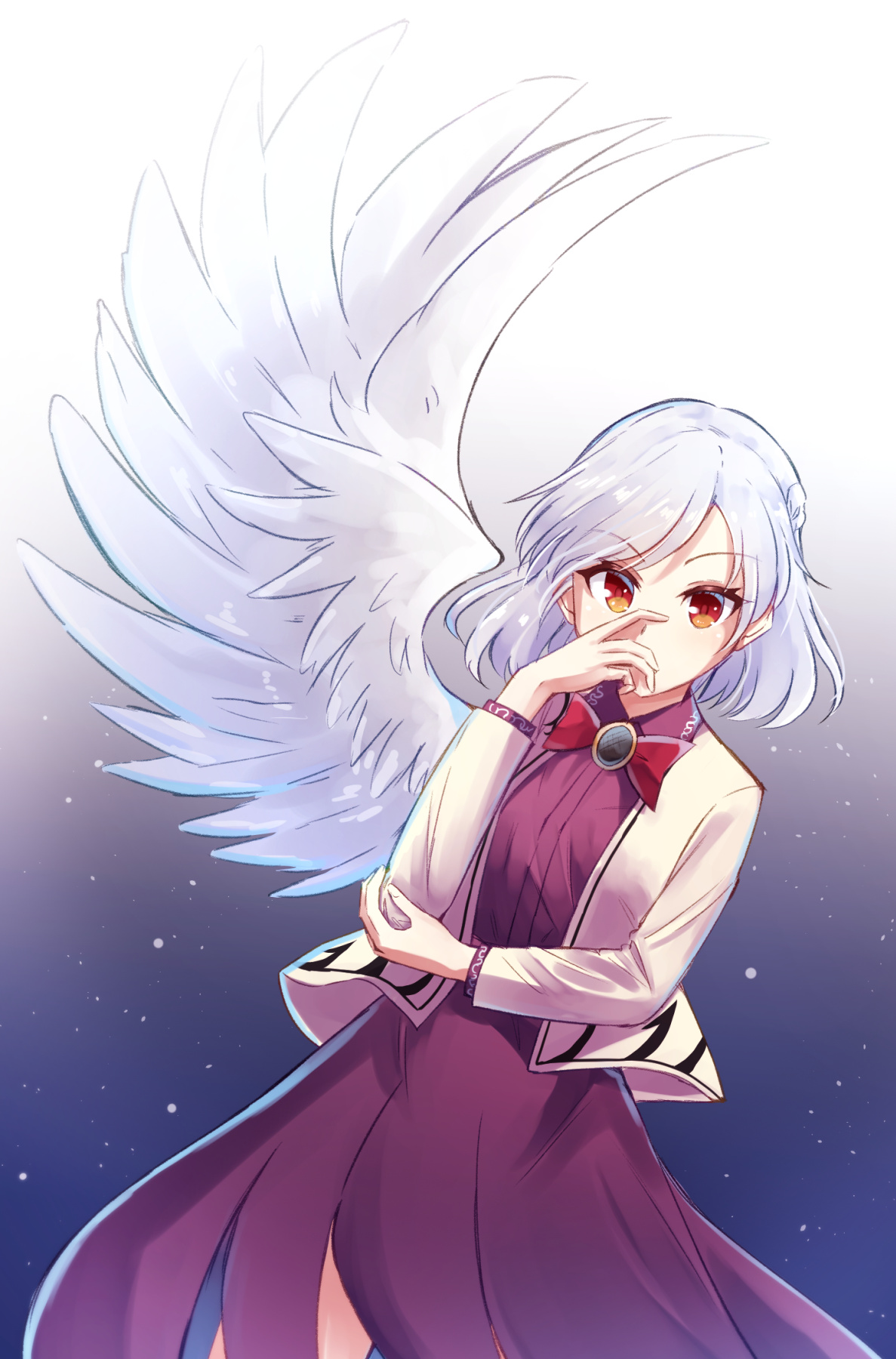 kachuten, kishin sagume, touhou, commentary request, highres, 1girl, angel wings, bow, bowtie, covering own mouth, dress, feathered wings, grey hair, hand over own mouth, jacket, long sleeves, looking at viewer, open clothes, open jacket, purple dress, red bow, red bowtie, red eyes, single wing, solo, white wings, wings