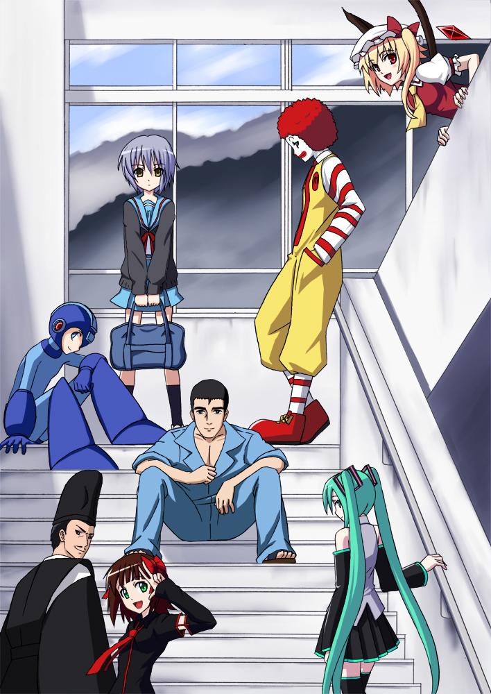 h-new, abe takakazu, amami haruka, dark haruka, flandre scarlet, hatsune miku, mega man (character), nagato yuki, ronald mcdonald, yabeno hikomaro, atlus, capcom, gouketsuji ichizoku, idolmaster, idolmaster (classic), kuso miso technique, mcdonald's, mega man (classic), mega man (series), neon genesis evangelion, niconico, niconico rpg, rebuild of evangelion, suzumiya haruhi no yuuutsu, touhou, vocaloid, 4boys, 4girls, cardigan, crossover, headphones, multiple boys, multiple girls, parody, school uniform, serafuku, sitting, sitting on stairs, stairs, thighhighs, yaranaika