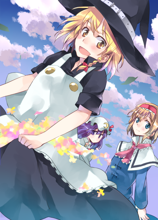 kimino tomonari, alice margatroid, kirisame marisa, patchouli knowledge, touhou, bad id, bad pixiv id, 3girls, blonde hair, blue eyes, braid, female focus, flower, hairband, hat, long hair, multiple girls, outdoors, purple eyes, purple hair, short hair, sky, witch, witch hat, yellow eyes