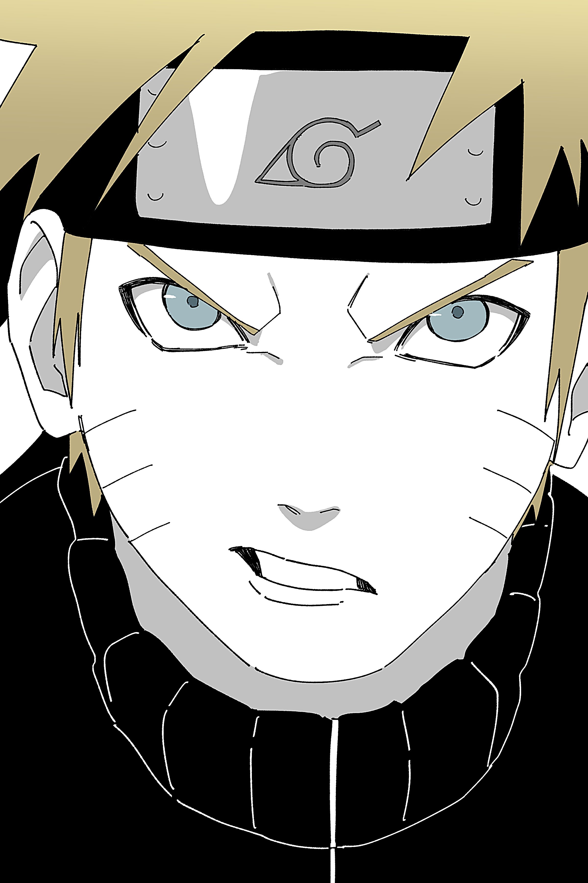 pnpk 1013, uzumaki naruto, naruto (series), naruto shippuuden, absurdres, commentary, highres, 1boy, black shirt, blonde hair, blue eyes, facial mark, forehead protector, konohagakure symbol, male focus, portrait, sanpaku, shirt, short hair, sneer, solo, teeth, turtleneck, v-shaped eyebrows, whisker markings, white background
