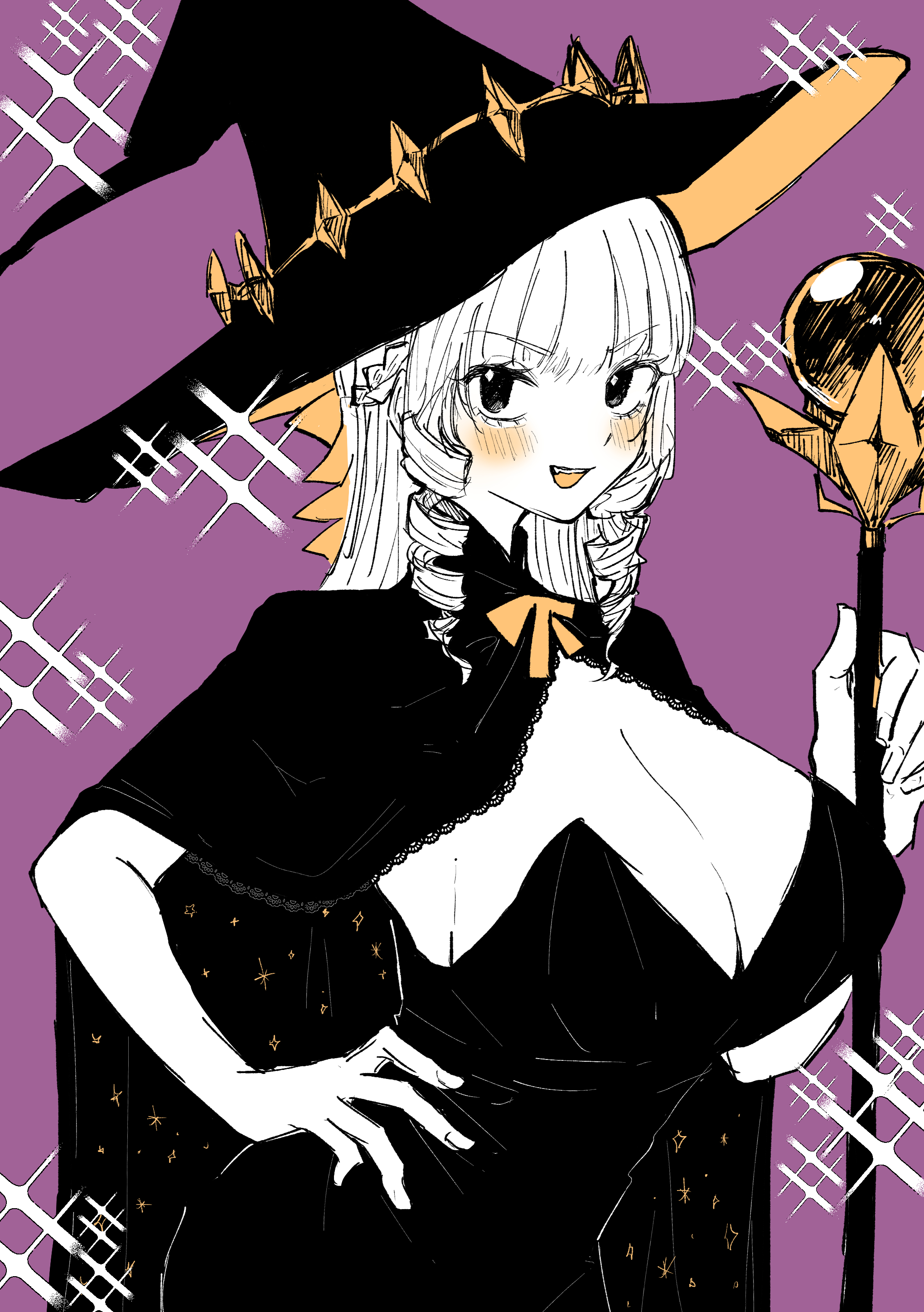 jyurip p, kaneda mochiko, mount celeb kaneda-san, absurdres, highres, 1girl, alternate costume, blunt bangs, blush, braid, breasts, cape, cleavage, diffraction spikes, dress, half up braid, halloween costume, hand on own hip, hat, holding, holding staff, large breasts, limited palette, mage staff, open mouth, purple background, smile, sparkle, staff, strapless, strapless dress, teeth, upper teeth only, witch, witch hat