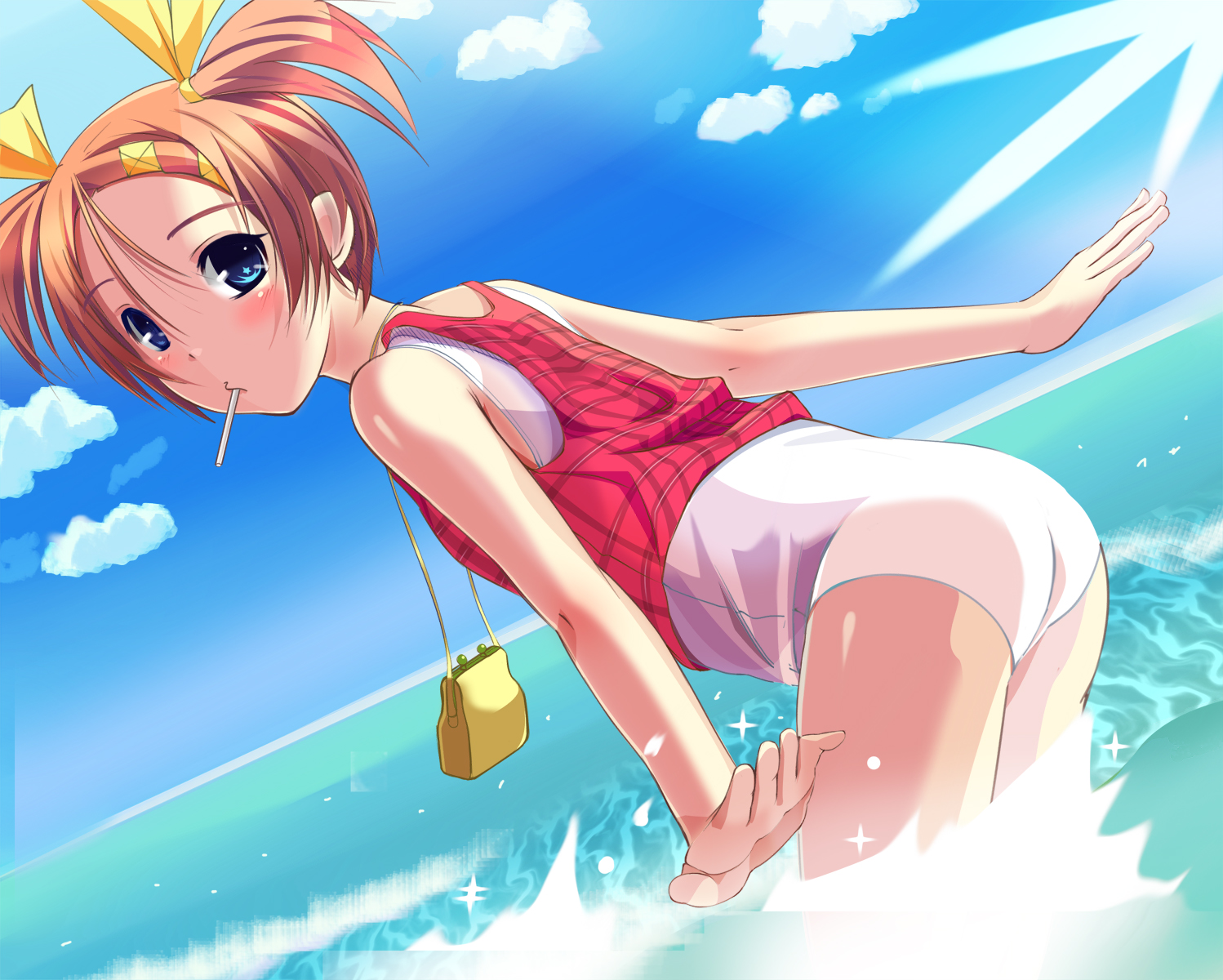 petapettan, original, highres, 1girl, bag, bent over, blue eyes, day, dutch angle, female focus, handbag, mouth hold, no pants, one-piece swimsuit, orange hair, outstretched arms, school swimsuit, short hair, solo, spread arms, swimsuit, swimsuit under clothes, twintails, wading, water, white one-piece swimsuit, white school swimsuit