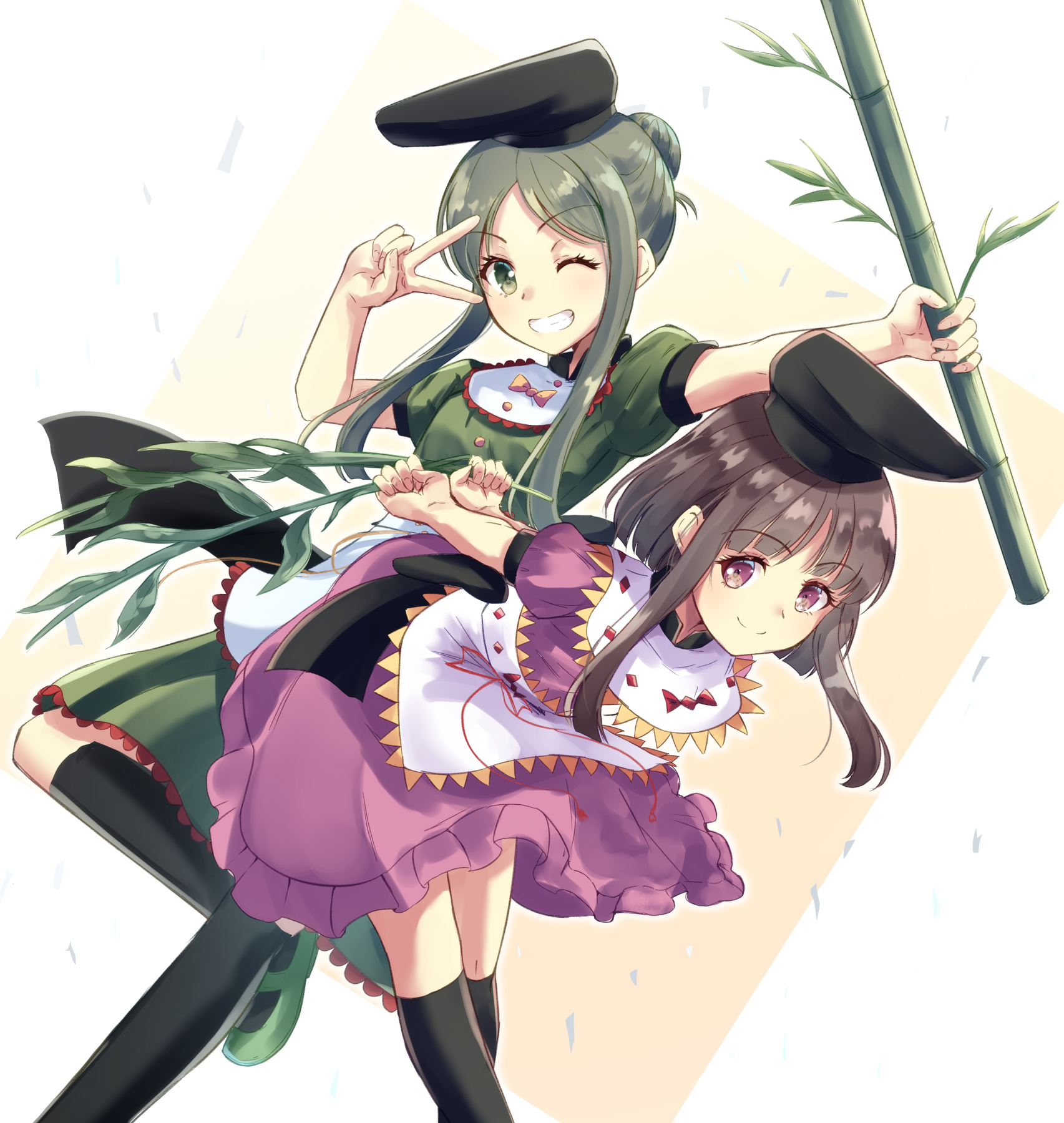 kachuten, nishida satono, teireida mai, touhou, commentary request, highres, 2girls, apron, arms behind head, bamboo, black hat, black socks, brown hair, closed mouth, dress, green dress, green eyes, green hair, green shoes, grin, hat, holding bamboo shoot, kneehighs, leaning forward, long hair, looking at viewer, mary janes, multiple girls, myouga (plant), one eye closed, pink dress, puffy short sleeves, puffy sleeves, shoes, short hair with long locks, short sleeves, smile, socks, tate eboshi, v, v over eye, waist apron, white apron