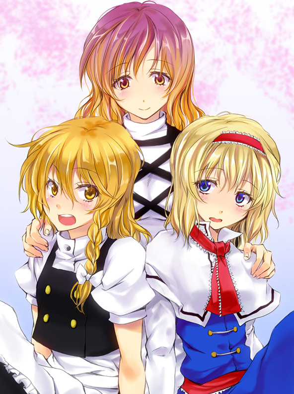 tsujigiri, alice margatroid, hijiri byakuren, kirisame marisa, touhou, 3girls, blonde hair, blue eyes, blush, braid, brown eyes, dress, female focus, gradient hair, hairband, long hair, multicolored hair, multiple girls, side braid, smile
