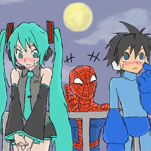 hatsune miku, mega man (character), spider-man, capcom, marvel, mega man (classic), mega man (series), niconico, niconico rpg, spider-man (series), vocaloid, lowres, 1girl, 2boys, blush, couple, crossover, full moon, green eyes, green hair, headphones, long hair, moon, multiple boys, multiple crossover, thumbs up