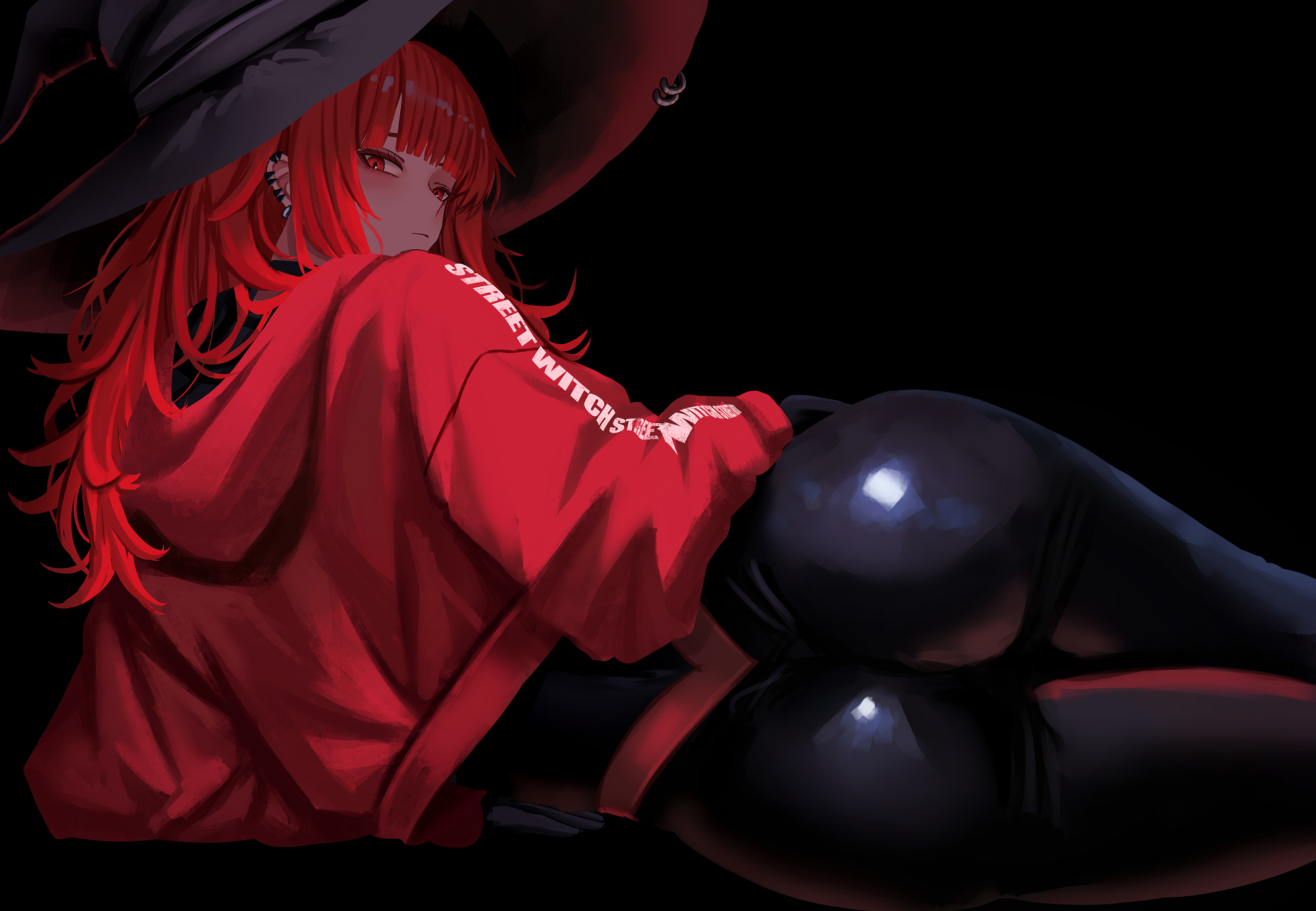 yan kodiac, val (yan kodiac), original, highres, 1girl, ass, black background, black hat, black pants, hat, jacket, long hair, looking at viewer, looking back, lying, on side, pants, red eyes, red hair, red jacket, solo, witch hat