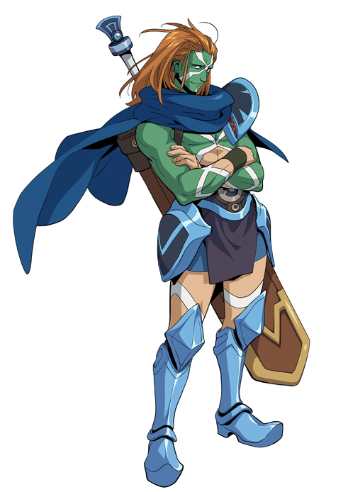 orca (.hack//), .hack//, .hack//games, .hack//link, bandai, cyber connect 2, official art, 1boy, armor, bare shoulders, cape, loincloth, male focus, shorts, solo, strap, sword, tattoo, weapon