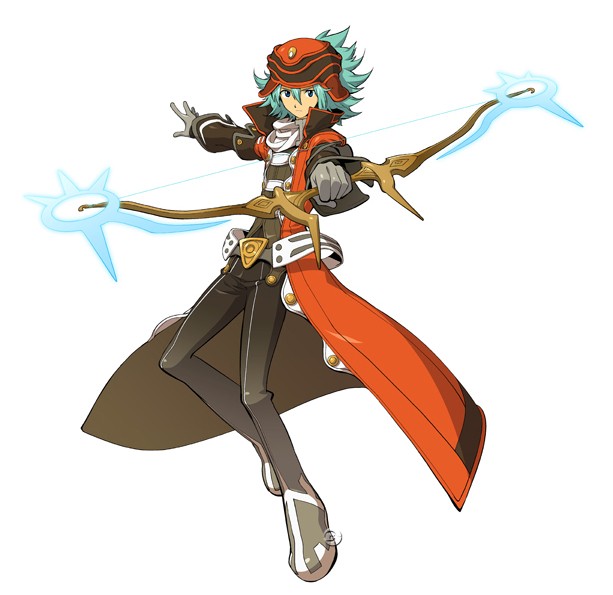 kite (.hack//), .hack//, .hack//games, .hack//link, bandai, cyber connect 2, official art, 1boy, aqua hair, belt, blue eyes, bow, bow (weapon), coat, hat, male focus, solo, weapon