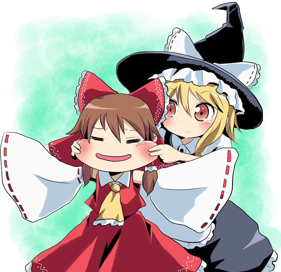massala, hakurei reimu, kirisame marisa, touhou, bad id, bad pixiv id, 2girls, = =, blonde hair, blush, bow, brown hair, cheek pinching, female focus, hair bow, hat, long sleeves, multiple girls, outstretched arms, pinching, red eyes, ribbon, short hair, simple background, sleeves past wrists, spread arms, staring, teardrop, witch hat