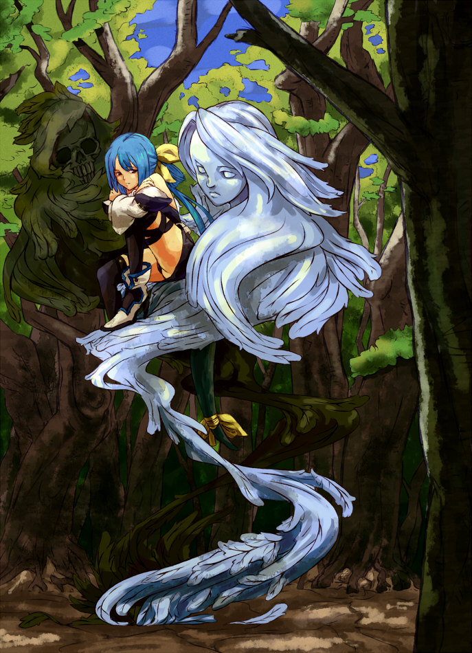 shibasaki shouji, dizzy (guilty gear), necro (guilty gear), undine (guilty gear), arc system works, guilty gear, 1girl, asymmetrical wings, blue hair, female focus, long hair, ribbon, solo, tail, tail ornament, tail ribbon, thighhighs, wings