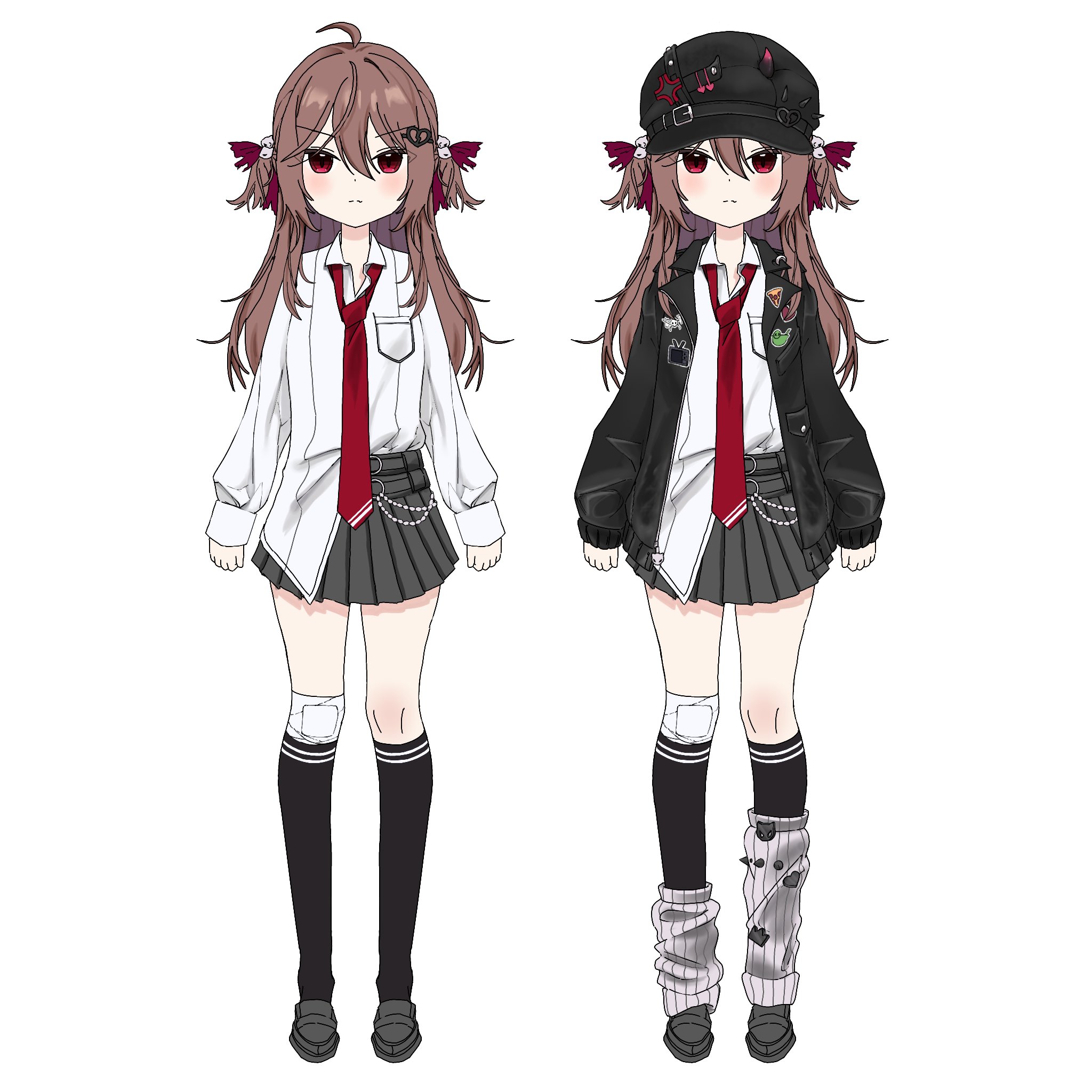 nightmaremask07, evil neuro-sama, neuro-sama, vedal ai, highres, 1girl, ahoge, alternate costume, anger vein, bandage on knee, belt, black belt, black hat, black jacket, black shoes, black skirt, black socks, blush, broken heart, broken heart hair ornament, brown hair, closed mouth, clothes on and off, collared jacket, collared shirt, demon horns, double-parted bangs, dress shirt, frown, full body, grey socks, hair between eyes, hair ornament, hair ribbon, hat, hat belt, heart, horns, jacket, kneehighs, leather, leather jacket, loafers, long hair, long sleeves, looking at viewer, loose necktie, loose socks, miniskirt, multiple belts, multiple views, necktie, newsboy cap, pleated skirt, pocket, red eyes, red necktie, red ribbon, ribbon, shirt, shirt partially tucked in, shoes, simple background, skirt, skull hair ornament, sleeves past wrists, socks, standing, tachi-e, torn hair ribbon, two side up, v-shaped eyebrows, variations, virtual youtuber, wallet chain, white background, white shirt