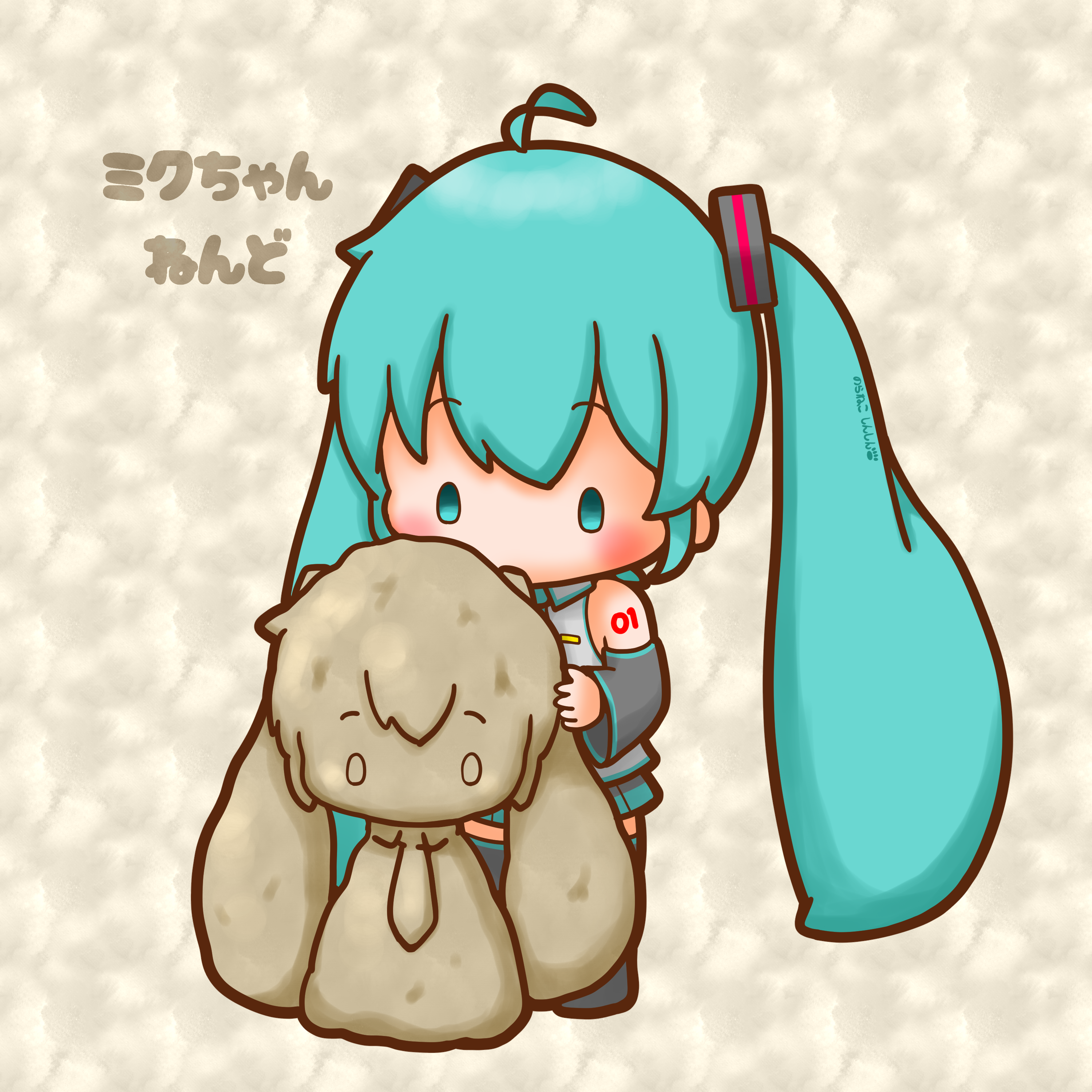 sh1n chan, hatsune miku, vocaloid, absurdres, highres, 1girl, ahoge, aqua eyes, aqua hair, chibi, chibi only, clay, figure, full body, long hair, solo, standing, twintails