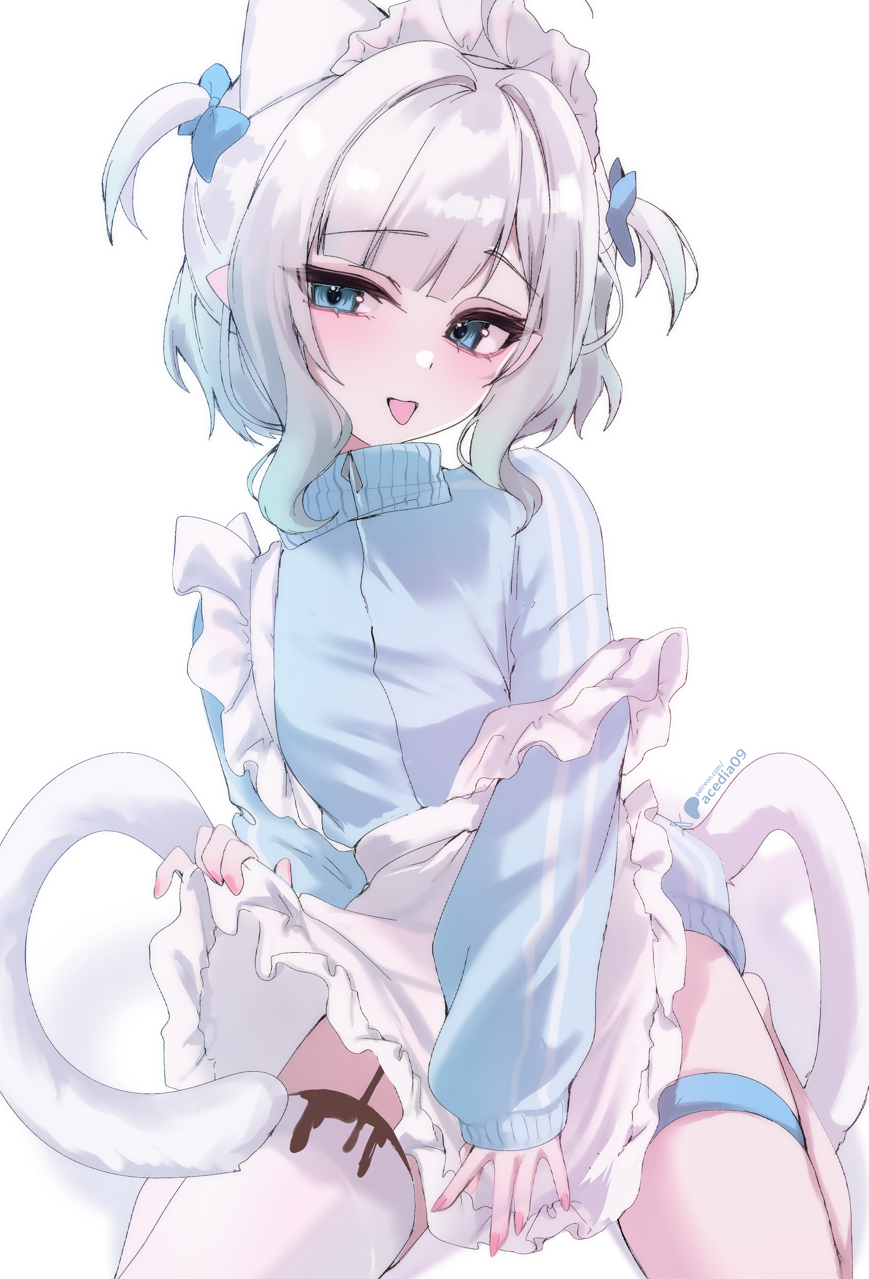 acedia, mint fantome, densetsu.exe, absurdres, highres, 1girl, blue eyes, cat tail, ghost girl, green hair, maid, maid headdress, short hair, tail, thighhighs, thighs, track suit, triangular headpiece, virtual youtuber, white background, white hair