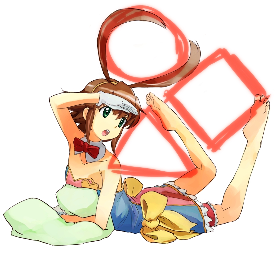 nyama, yuuma (magipoka), renkin san-kyuu magical pokaan, bad id, bad pixiv id, 1girl, ahoge, antenna hair, barefoot, brown hair, circle, feet, female focus, flat chest, gloves, green eyes, hugging object, legs up, lying, on stomach, pillow, pillow hug, short hair, soles, solo, square, triangle, white gloves