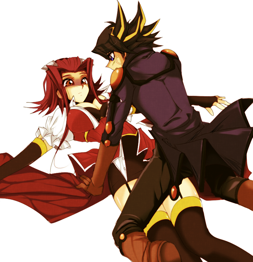 hamimimi, fudo yusei, izayoi aki, yu-gi-oh!, yu-gi-oh! 5d's, 00s, 1boy, 1girl, black hair, blue eyes, blush, boots, breasts, choker, cleavage, elbow gloves, gloves, jacket, large breasts, multicolored hair, red eyes, red hair, short hair, streaked hair, thighhighs